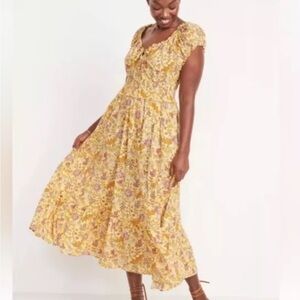 Old Navy Waist Defined Midi Dress Yellow Floral Size Plus 2X